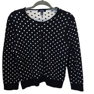 CHAPS Women's‎ Black White Polka Dot Cardigan Sweater Button Front Size L